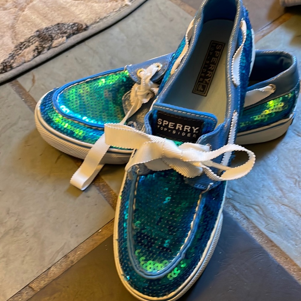 Sperry blue iridescent sequin Topsiders size 6.5